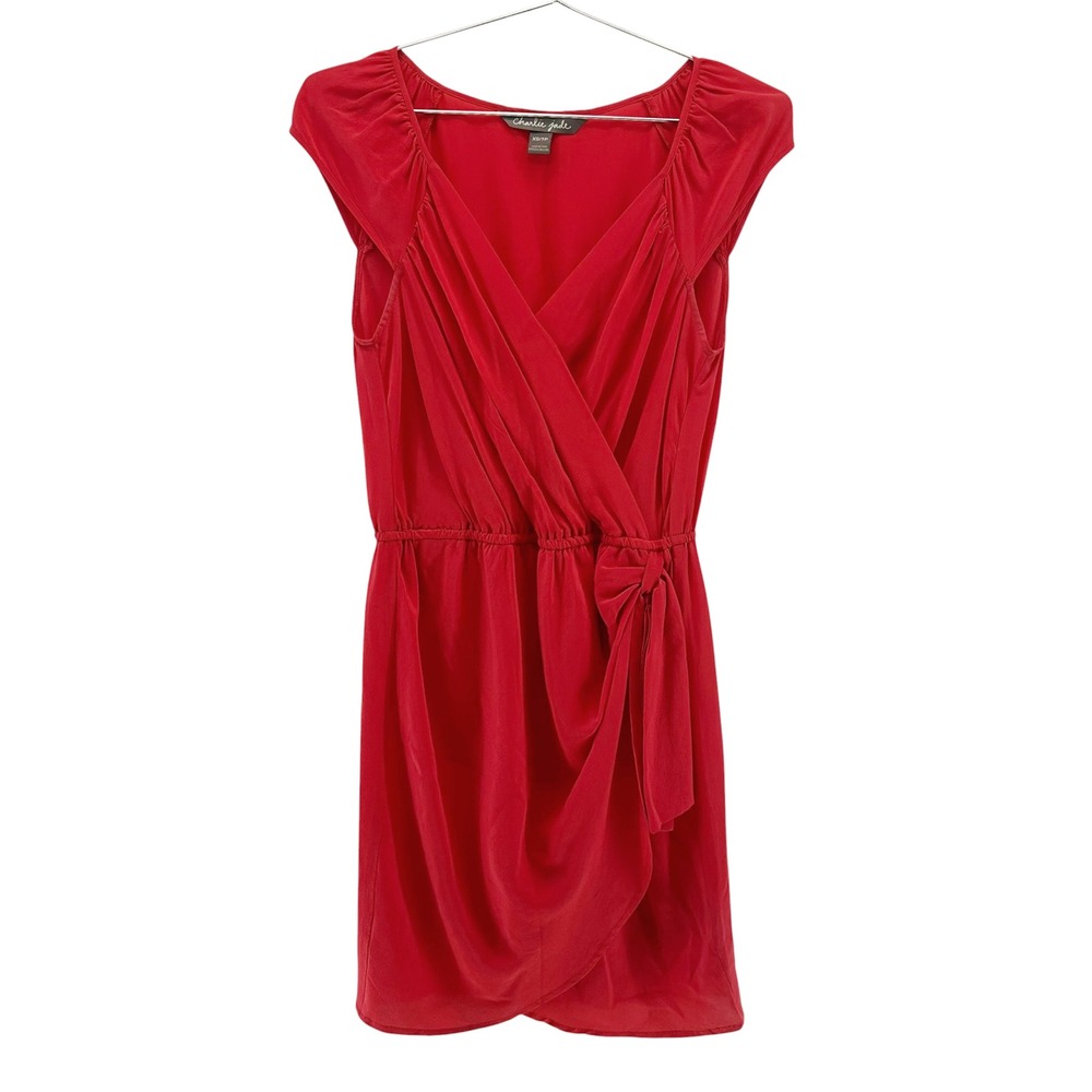 CHARLIE JADE 100% Silk Faux Wrap Mini Dress • XS • red • chic preppy effortless